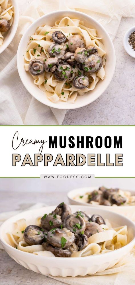 This Mushroom Pappardelle Pasta recipe will have you coming back for seconds! With a rich and indulgent browned mushroom cream sauce, it's a comforting and savory dish perfect for a cozy night in. Plus, it only takes 30 minutes to make, making it the ideal mid-week meal. Add in your favorite veggies or proteins to make it your own. Don't forget, this creamy mushroom pappardelle tastes even better as leftovers, so it's perfect for meal prep. Get the full recipe + watch video tutorial on my blog! Mushroom Pappardelle, Pappardelle Pasta Recipe, Mushroom Cream Sauce, Goat Cheese Pasta, Pasta Varieties, Pappardelle Pasta, Mushroom Cream Sauces, 30 Min Meals, Creamy Mushroom Sauce