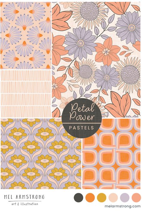 Petal Power Pattern Collection - By Mel Armstrong Featuring soft, dreamy florals in a delightful pastel palette, this collection evokes a sense of vintage charm and whimsical nostalgia. Perfect for creating playful garments, cozy home décor or stationery, "Petal Power Pastels" will add a touch of sweetness and retro flair to any project. Available on Fabric, Wallpaper & Home Decor Mel Armstrong, Print Design Inspiration, Homemade Bookmarks, Prints Ideas, Fabric Board, Botanical Drawing, Books Cover, Surface Patterns, Color Study