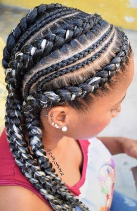 Different Hair Braids, Protective Braid Styles, How To Style Braids, Goddess Braid Ponytail, Hairstyles With Buns, Goddess Braids Updo, Goddess Braid Styles, Braids With Shaved Sides, Ombre Braid