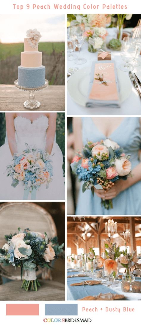 Top 9 Peach Wedding Color Palettes for 2019 -No.2 Peach and Dusty Blue #colsbm #bridesmaids #weddings #weddingideas #summerwedding b547 Peach And Dusty Blue, Wedding Reception Centerpieces Diy, Blue Peach Wedding, Peach Wedding Theme, Rustic Barn Wedding Reception, Peach Wedding Colors, Wedding Color Palette Summer, Wedding Color Palettes, Barn Wedding Reception