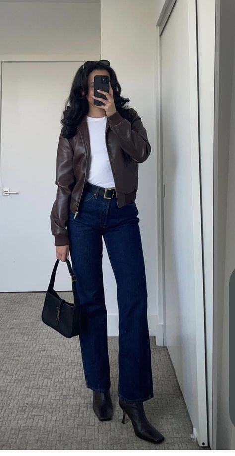 Jeans In Boots Outfit, Dark Hair Outfits Fall, Fall Brunch Outfit Midsize, Black Jean Jacket Outfits Winter, Dark Wash Jeans Outfit Fall, Cuffed Jeans Outfit Fall, Relaxed Minimalist Style, Dark Brown Hair Outfits, Fall Ankle Boots Outfit