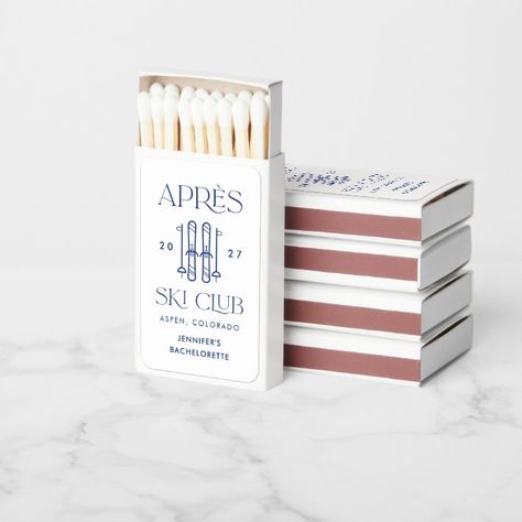 Apres Ski Club Winter Ski Bachelorette Party Favor Matchboxes - Bachelorette Party Favors gifts Ski Bachelorette Party, Ski Bachelorette, Wedding Rehearsal Dinner Decorations, Small Wedding Decor, Engagement Party Planning, Night Before Wedding, Backyard Wedding Decorations, Rehearsal Dinner Decorations, Bachelorette Party Favor