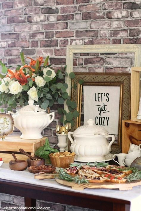 Set up a soup bar with grilled cheese tartines for a casual luncheon or a shower celebration. Get some great ideas and inspiration here. Soup Bar Ideas, Soup Party Ideas, Soup Bar, Winter Entertaining, Winter Bridal Showers, Ladies Luncheon, Ard Buffet, Wedding Soup, Bridal Shower Tables