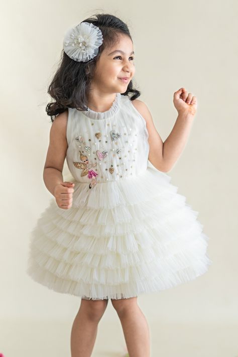 Cutdana Work, White Frock, Frocks For Kids, Off White Dress, Hearts And Stars, Yoke Dress, Draped Bodice, Off White Dresses