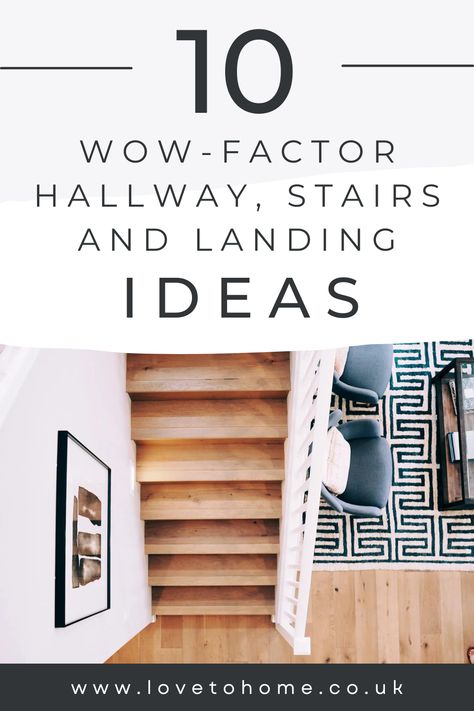 Hallways, stairs and landings are often overlooked when it comes to home design. From statement wallpaper to eye-catching flooring, there are plenty of ways to spice up these spaces. To help you get started on your makeover, here are 10 wow-factor hallway, stairs and landing ideas. Hallway Stairs Wallpaper, Stair Landing Storage Ideas, Feature Hallway, Hall Stairs And Landing Ideas, Hall And Stairs Decorating Ideas, Staircase Landing Ideas, Stair Landing Ideas, Landing Ideas Upstairs, Hall Stairs And Landing Decor