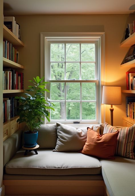 Transform your space into a cozy escape with this inviting reading nook! 🌿 Imagine curling up on a plush window seat, surrounded by your favorite books on stylish floating shelves. The warm beige walls and a soft floor lamp create the perfect ambiance for relaxation. Embrace comfort and style in your home! 📚✨ Small Window Living Room Ideas, Window Seat Styling, Window Reading Nook, Reading Couch, Cozy Window Nook, Luxurious Penthouse, Cozy Attic, Soft Floor, Calming Spaces