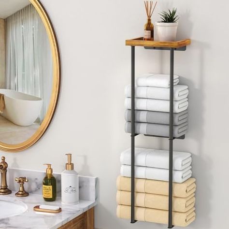 Anfeichen Towel Rack Wall Mounted, 2 Tier Bath Towel Storage Holder with Wooden Shelf, Metal Towel Rack for Small Bathroom Organizer Towel Rack For Small Bathroom, Metal Towel Racks, Bath Towel Storage, Small Bathroom Organization, Towel Storage, Wooden Shelf, Bathroom Organizer, Bathroom Organisation, Wooden Shelves