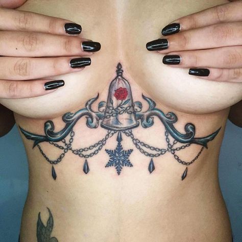 Beauty And The Beast Hand Tattoo, Beauty Beast Tattoo, Tattoo Ideas Female Chest, Gothic Sternum Tattoo, Beauty And Beast Tattoo, Beauty And The Beast Tattoos, Tattoo Peito, Chest Tattoo Designs Female, Ink Master Tattoos