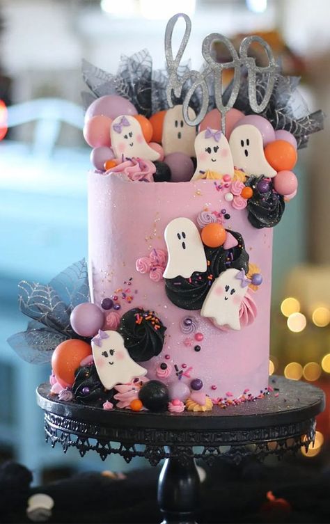 Halloween cake, Ghost cake, Halloween-Themed cake, Halloween birthday cake, Halloween cake pink, Cute Halloween cake, Halloween cake ideas Boo I’m Two Birthday Girl, Pink Ghost Cake, Halloween Smash Cake, Halloween Cake Ideas, Cute Halloween Cakes, Spooky Cake, Halloween First Birthday, Halloween Birthday Cakes, Ghost Cake