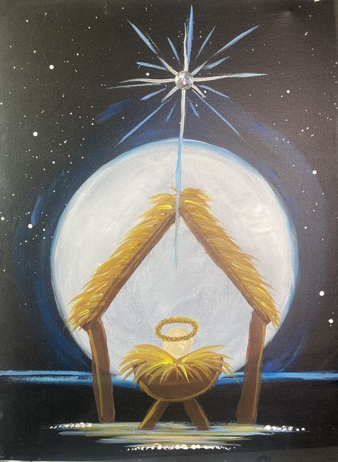 Christian Christmas Paintings On Canvas, Christmas Angel Painting Easy, Easy Nativity Paintings On Canvas, Easy Nativity Painting, Vintage Christmas Cards 1950s, Simple Nativity, Nativity Painting, Kids Canvas Painting, Decorate Christmas