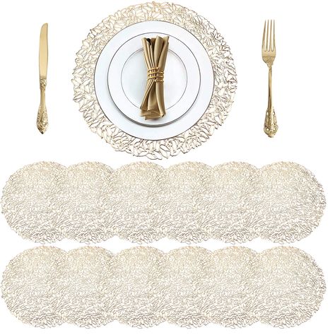 PRICES MAY VARY. Include 12 pack gold round vinyl placemats, made of high quality PVC, well made, very durable. Easy clean with a damp cloth, dry very quickly, then look perfectly new again. Effective heat resistance is up to 150°F, please do not use it exceed the temperature. The diameter measures 15'', fits most dishes size, suitable for daily use, making your home a warmer and restful atmosphere Hollowed-out blossom design placemat gives your dinner table a special touch, ideal for kitchen ta Gold Christmas Wedding, Wedding Buffet Table Decor, Gold Wedding Accents, Wedding Buffet Table, Buffet Table Decor, Vinyl Placemats, Rehearsal Dinner Decorations, Round Table Decor, Round Kitchen Table