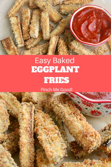 Easy Baked Eggplant Fries - Crispy Baked Eggplant Fries that are gluten-free and so easy to make! Chickpea breadcrumbs stuck to soft and tasty eggplant all baked to oven-fried perfection and matched with a delicious marinara dipping sauce! Chickpea Breadcrumbs, Easy Baked Eggplant, Baked Eggplant Fries, Eggplant Fries, Snacks Under 100 Calories, Gluten Free Bread Crumbs, Healthy Sweet Snacks, Oven Fried, Baked Eggplant