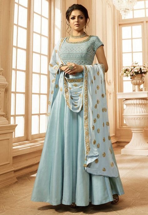 Embroidered Art Silk Abaya Style Suit in Pastel Blue Pastel Suit Women, Suit Women Wedding, Pastel Suit, Blue Abaya, Anarkali Tops, Silk Anarkali Suits, Floor Length Anarkali, Drashti Dhami, Designer Anarkali Suits