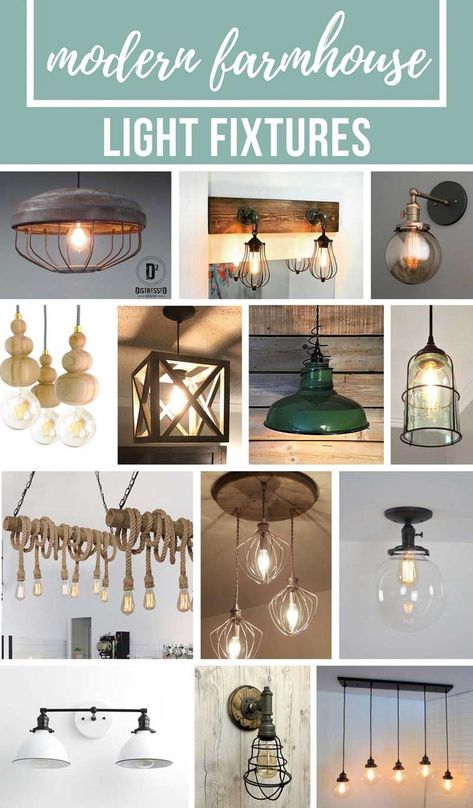 If you're looking to bring your home decor to more of a modern farmhouse style, you're going to love all of these farmhouse light fixtures I've rounded up for you. Love all of these lights with farmhouse style! Upcycled chicken feeder pendant light | Vanity light with caged lights | Smoked glass globe wall sconce | Wood bead ceiling light | X box farmhouse hanging light | Vintage industrial green light | mason jar caged light #light #chandeliers #modernfarmhouse #farmhouselight Modern Farmhouse Lighting Fixtures, Farmhouse Lighting Fixtures, Modern Farmhouse Light Fixtures, Cool Chandeliers, Farmhouse Style Lighting, Trendy Farmhouse, Farmhouse Light, Modern Farmhouse Lighting, Farmhouse Side Table