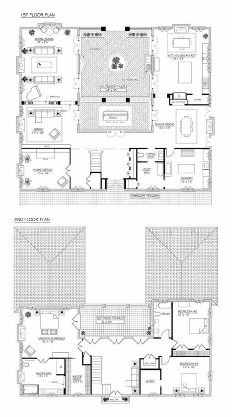 U Shaped House Plans, U Shaped Houses, 3d Floor Plans, Pool House Plans, Mansion Floor Plan, Courtyard House Plans, Home Design Floor Plans, Villa Plan, Sims House Plans