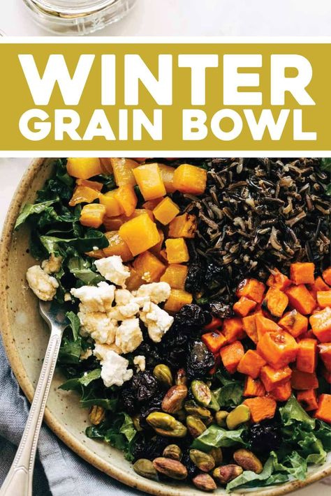 The BEST Winter Grain Bowl! Roasted root vegetables, earthy grains, dried fruit, dark leafy greens, buttery goat cheese, and lusciously creamy balsamic dressing. #salad #bowl #vegetarian #winterrecipe Grain Bowl Dressing, Gluten Free Grain Bowls, Winter Harvest Bowl, Winter Bowls Healthy, Winter Grain Bowl, Winter Vegetable Salad, Winter Bowl, Creamy Balsamic Dressing, Rice Dressing