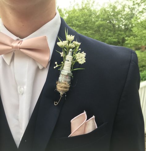 Sparkplug Boutineer, Spark Plug Boutonniere, Automotive Themed Wedding, Welder Wedding Ideas, Car Themed Wedding Ideas, Mechanic Wedding Ideas, Mechanics Wedding Theme, Wedding Ideas For Men, Mechanics Wedding