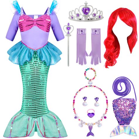 PRICES MAY VARY. Polyester 10 Pieces Total Little Mermaid Costume, includes 1 Sequin and Lurex Mermaid Dress, 1 Headband, 1 Long Synthetic Red Hair Wig, 1 necklace, 1 bag, 1 bracelet, 1 ring, 1 pair of earrings, 1 pair of gloves and 1 wand. Deluxe Mermaid Costume Set for Girls. Super Durable. Higher Quality. 100% Polyester. Perfect for Halloween Dress Up Parties, Little Mermaid Costume, Mermaid Dress, Mermaid Girl Costume, Undersea Adventure Themed Parties, Halloween Costume Dress Up, Little Mer Female Skirt, Birthday Costume, Dress Puff Sleeve, Princess Skirt, Fishtail Dress, Dress Birthday, Suit Dress, Skirt Style, Kids Fashion Girl