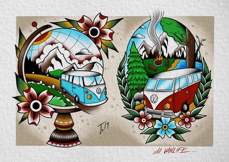 #vanlife #vantattoo #vwt1 #flashart #tattooflash #traditionaltattoo #oldschooltattoo #digitalart #procreate #wanderlust #van #oldlines #colortattoo #vacation #vacationtattoo Van Tattoo, Desenhos Old School, Tattoo Car, Vans Old School, Vw Art, Palm Tattoos, Palm Tree Tattoo, Dead Fish, Hippie Van