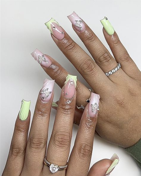 ig: nailsbycurls Nails Acrylic Green And Pink, Pink And Green Acrylic Nails Coffin, Coffin Nails With Charms, Green Nails With Charms, Green Acrylic Nails With Charms, Green Coffin Nails, Pink And Green Fairy Nails, Nails With Charms, Nails Green