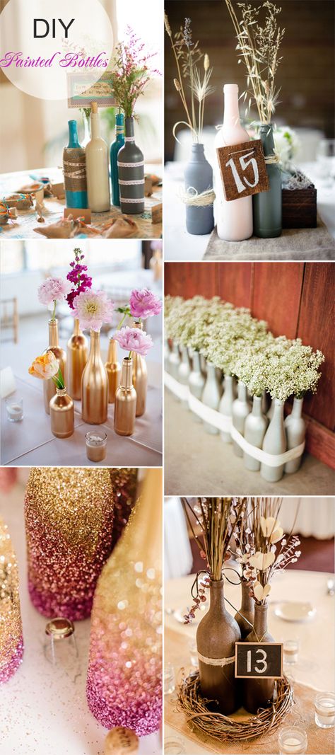 DIY painted bottles wedding centerpieces with flowers and wheat for rustic weddings Centerpieces Simple, Diy Wedding Table, Bottle Centerpieces, Painted Bottles, Wedding Bottles, Centerpieces Wedding, Rustic Wedding Centerpieces, Wedding Centerpieces Diy, Diy Centerpieces