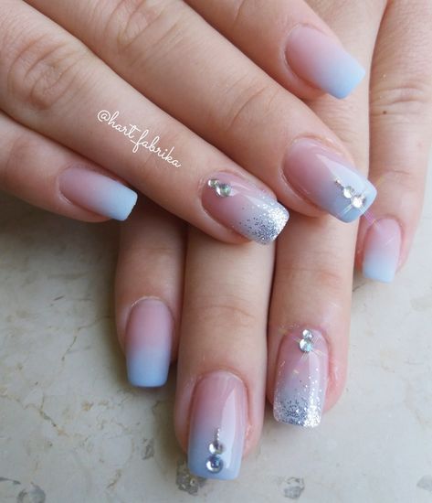 Pretty Ombre Nails Blue, Steel Blue Nails Wedding, Blue Umbra Nails, Bridal Nails Blue Accent, Ombre Nail Designs Blue, Blue Grey Ombre Nails, Dusty Blue Ombre Nails, Wedding Nails For Bride Dusty Blue, Dusty Blue Wedding Nails Bridesmaid