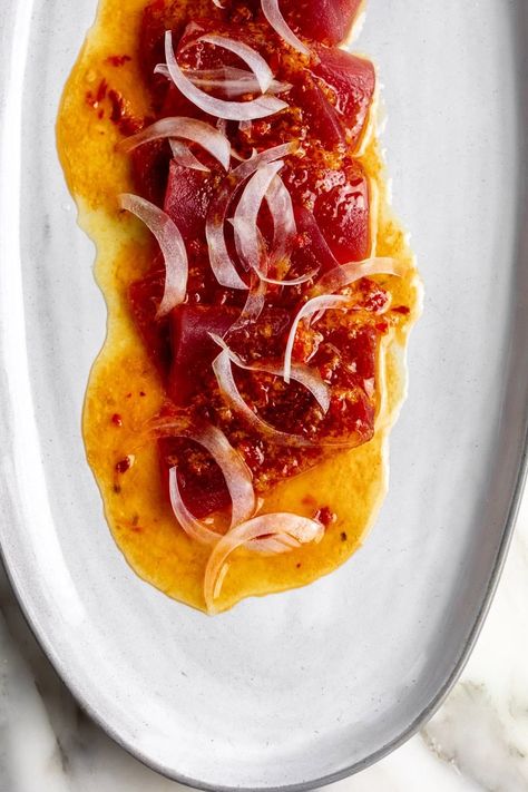 Orange Calabrian Chili Tuna Crudo - Cooking with Cocktail Rings Tuna Crudo Recipe, Tuna Chili, Tuna Carpaccio Recipe, Crudo Recipe, Tuna Crudo, Secret Supper, Carpaccio Recipe, Tuna Tartar, Italian Antipasto