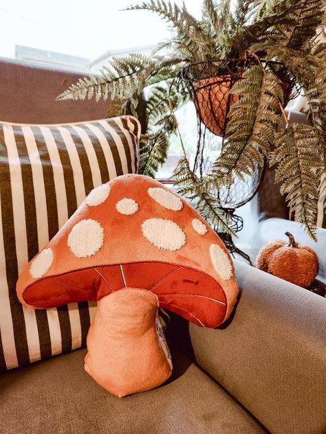 Mushroom pillow for fall and kids decor Diy Mushroom Pillow Pattern, Mushroom Pillow Pattern, Mushroom Pillow, Crochet Pillow Mushroom, Stuffed Mushrooms Pillow, Mushroom Cushion, Pillow With Mushrooms, Y2k Room, Orange Mushroom