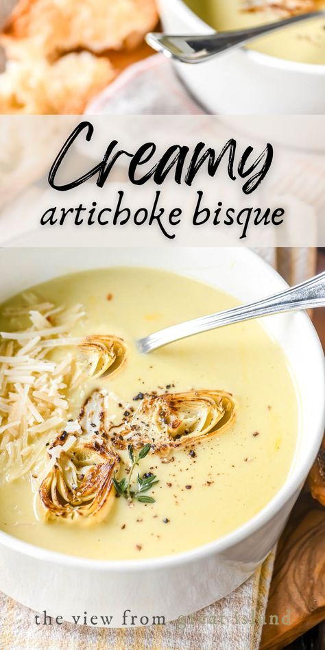 Why make the same old soup? Creamy artichoke bisque with garlic and Parmesan is a fresh new option for an appetizer, lunch or light supper. Artichoke Soup Recipes, Corn Bisque, Bisque Soup Recipes, Island Recipes, Artichoke Soup, Soup Creamy, Fried Goat Cheese, Homemade Soups, Apple Slaw