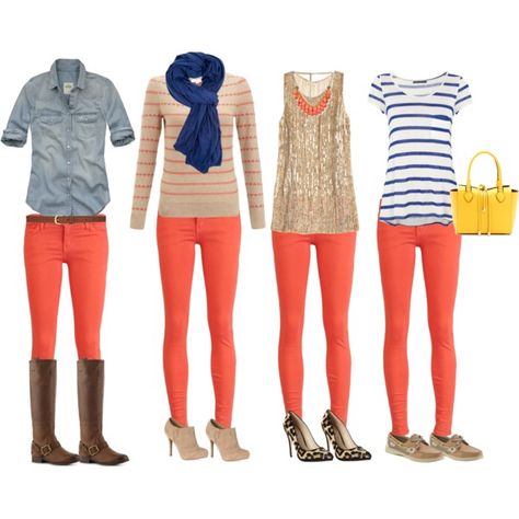 Coral Skinnies...love the blue stripes outfit! Coral Jeans Outfit, Orange Jeans Outfit, Coral Pants Outfit, Blue Stripes Outfit, Orange Pants Outfit, Stripes Outfit, Coral Jeans, Coral Pants, Orange Jeans