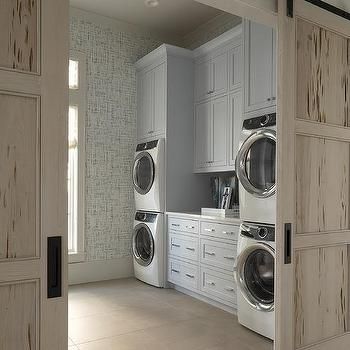 Stacked Laundry Room, Exterior House Renovation, Light Gray Cabinets, Dream Laundry Room, Laundry Room Shelves, Coastal Interiors Design, Laundry Room Inspiration, Classic Interior Design, Coastal Bedrooms