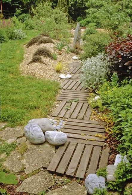 Wooden Garden Paths, 50 Creative Walkway Design Ideas Pallet Walkway, Front Yard Walkway, Walkway Landscaping, Walkway Design, Outdoor Walkway, Walkways Paths, Wooden Walkways, Asian Garden, Garden Walkway