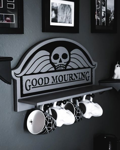 Mug Shelf, Hanging Mugs, Goth Houses, Goth Kitchen, Gothic Kitchen, Goth House, Goth Gifts, Spooky Home Decor, Kitchen Goals