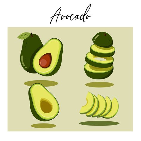 Set of avocado illustration Veggies Board, Avocado Graphic, Avocado Things, Avocado Vector, Avocado Drawing, Graphic Moodboard, Avocado Design, Avocado Cartoon, Animal Illustration Kids