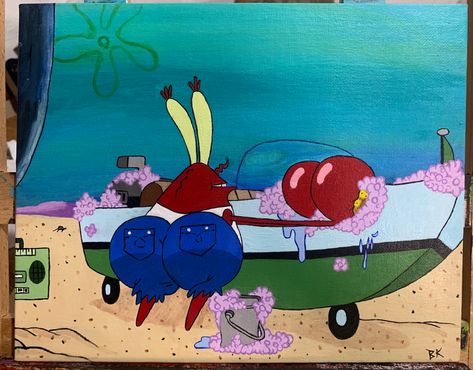 Roach Eating Krabby Patty Painting, Mr Krabs Painting, Trippy Spongebob, Thug Life Tattoo, Crab Painting, Spongebob Painting, Mr Krabs, Painting Inspo, Fun Diy Crafts