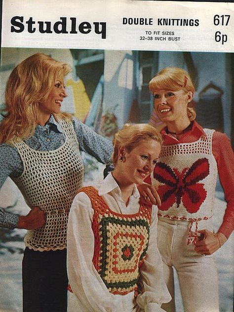 Vintage Granny Square, Retro Tank Top, Plain Vest, Butterfly Tank Top, Crochet Tank Tops, 1970s Women, Crochet Vest Pattern, Vest Tops, Vintage Crochet Pattern