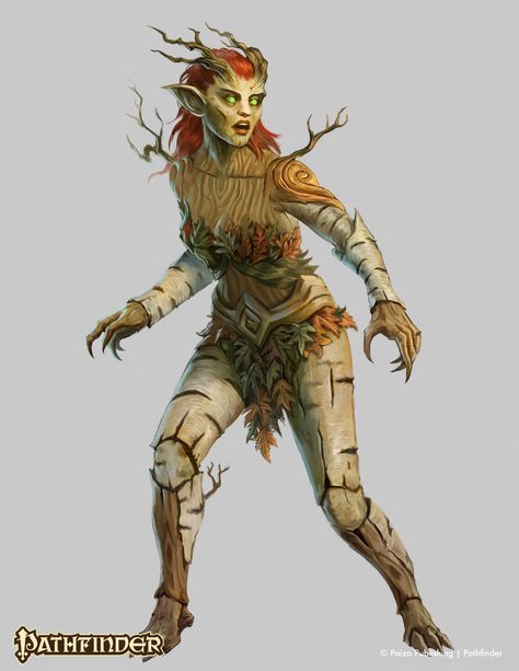 Dryad Dnd, Female Dryad, Dryad Character Design, Dryad Aesthetic, Feywild Creatures, Dnd Worldbuilding, Dryad Art, Forest Tribe, Fey Creatures