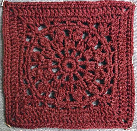 Today’s square: Queen Anne’s Lace Size: 8 inch Pattern By: Jan Eaton Hook: H Yarn: RHSS Claret. Pattern from: Ravelry Notes: Another easy square from “200 Crochet Blocks” by… Queen Anne's Lace, Crochet Blocks, Queen Annes Lace, Crochet Square Patterns, Granny Squares Pattern, Crochet Mandala, Crochet Stitches Tutorial, Square Patterns, Crochet Square