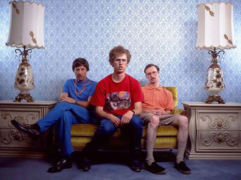 "Napoleon Dynamite" promo still, 2004.  L to R: Jon Gries, Jon Heder, Aaron Ruell.  Made on a shoestring budget of $400,000, Jared and Jerusha Hess created their own quirky, geek universe and invited everyone to peek inside of it.  Discovered at the Sundance Film Festival, it was picked up by Fox Searchlight and it made $46 million at the box office.  "VOTE FOR PEDRO" T-shirts were fashion statements that summer. Uncle Rico, Jon Heder, Napoleon Dynamite, Classic Comedies, Sundance Film, Wes Anderson, Funny Movies, American Dream, 8x10 Photo