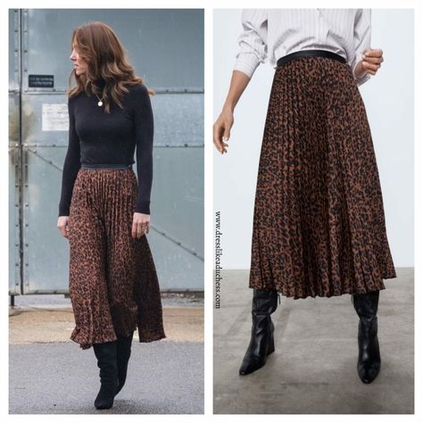 Duchess of Cambridge in Animal Print Zara Skirt for Mini-Tour - Dress Like A Duchess Printed Pleated Skirt Outfit, Animal Print Skirt Outfit, Print Skirt Outfit, Casual Dress Attire, Kate Fashion, Printed Skirt Outfit, Pleated Skirt Outfit, Zara Skirt, Peacock Dress