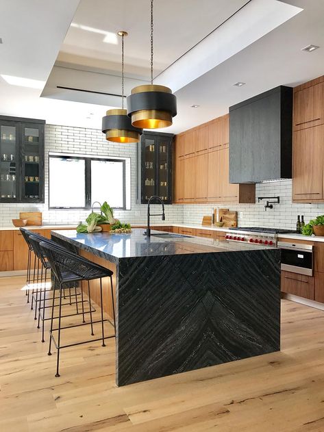 David Dalton INC | Cooking | Los Angeles Black Countertop Island, Modern Black Kitchen Island, Black Marble Countertops, Waterfall Island Kitchen, Waterfall Countertop, Black Countertop, Office Vibes, Kitchen Black, White Backsplash