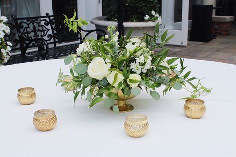 Gold Compote Centerpiece, Gold Vase Centerpieces, White Flower Centerpieces, Greenery Wedding Centerpieces, Tall Centerpiece, Green Centerpieces, Epping Forest, Greenery Centerpiece, Hydrangea Centerpiece