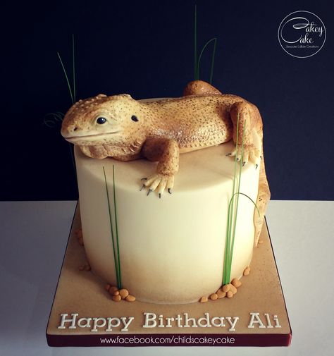 Bearded dragon cake by #CakeyCake Bearded Dragon Cake, Reptile Cake, Crazy Cake, Dragon Birthday Parties, Dragon Cake, Family Cake, Bee Cakes, Dragon Birthday, Dragon Party