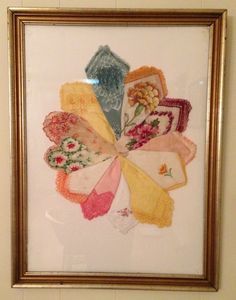 Framed Hankies, Handkerchief Art, Hankie Crafts, Vintage Handkerchiefs Crafts, Handkerchief Crafts, Vintage Hankies, Vintage Handkerchief, Vintage Handkerchiefs, Linens And Lace