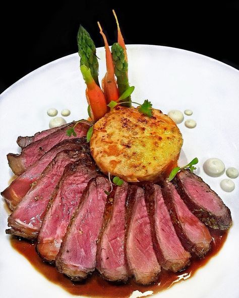 Seared NY Steak, Sweet Potato Gratin, Baby Carrots, Asparagus, Roquefort Cream, Brandy/Pan Sauce Steak Plating, Steak Sweet Potato, Ny Steak, Sweet Potato Gratin, New York Strip, Chef Styles, Pan Sauce, Steak Plates, Potato Gratin