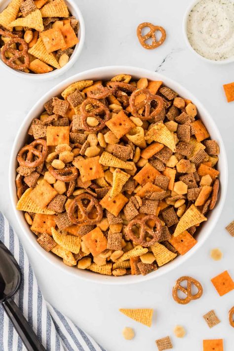 Chex Mix With Popcorn Oil, Ranch Chex Mix Snack, Cheesy Ranch Chex Mix Recipes, Diy Chex Mix Recipes Bold, Baked Snack Mix Recipes, Chex Mix Seasoning Recipes, No Bake Chex Mix Recipes, Buffalo Ranch Chex Mix Recipe, Ranch Snack Mix Recipes