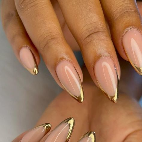 Acrylic Only Nails, Good French Tip Nails, Gold Almond Nails Designs, Almond Chrome French Tip Nails, Gold Glitter Almond Nails, Gold Inspired Nails, Cute Nude Acrylic Nails, Gold French Tip Nails Almond, Almond Gold Nails