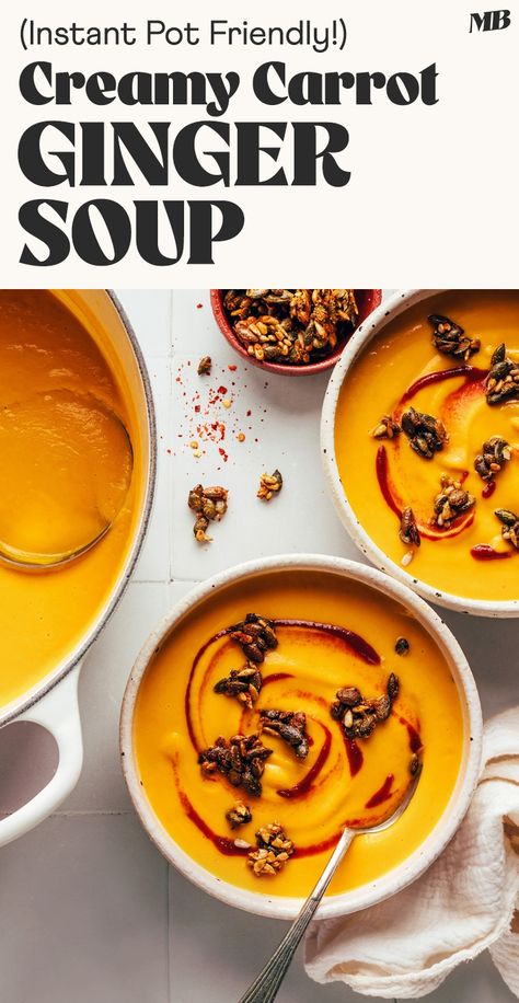 Vegan Carrot Ginger Soup, Soup Recipe Instant Pot, Carrot Ginger Soup Recipe, Vegan Carrot Soup, Soup Instant Pot, Plant Based Soups, Carrot Ginger Soup, Ginger Soup, Leftovers Soup