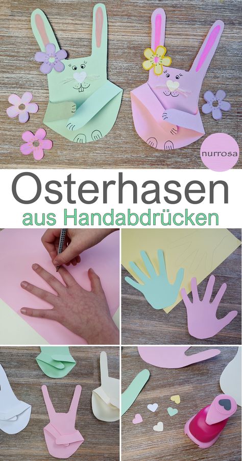 Last Minute Basteltipp zu Ostern – Süße Osterkärtchen aus Handabdrücken basteln Diese tolle Oster-Bastelidee könnt ihr ganz schnell und einfach nachbasteln. Ihr braucht dafür nur wenige Materialien und als Schablone dient die eigene Hand. Die Osterhasen Handabdrücke können mit etwas Hilfe beim Ausschneiden auch kleinere Kinder basteln. Mein Familienblog - nurrosa.com Easter Egg Crafts, Easter Decorations Dollar Store, Egg Crafts, Diy Crafts For Kids Easy, Easter Crafts Diy, Spring Activities, Easter Colors, Easter Egg Decorating, Paper Crafts Diy Tutorials