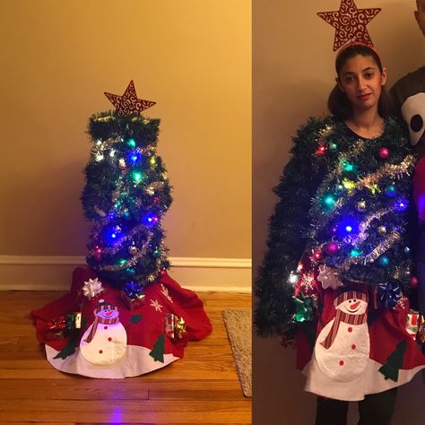 Diy ugly sweater - Christmas tree complete with tree skirt and gifts Ugly Sweater Tree, Ugly Sweater Ideas, Ugly Christmas Outfit, Making Ugly Christmas Sweaters, Ugly Christmas Sweater Diy Funny, Ugly Christmas Sweater Outfit, Funny Christmas Outfits, Christmas Tree Ugly Sweater, Tacky Christmas Party